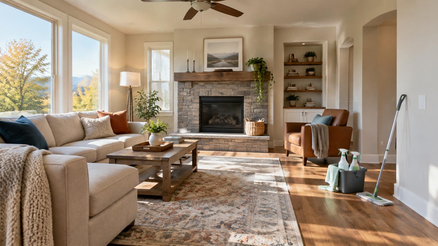 Bright Northern Colorado living room during a deep clean with an eco-friendly supply caddy on the floor